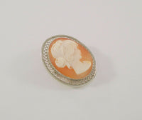 Detailed Signed Vintage Beau Filigree Framed Sterling Silver Hand Carved Shell Lady Cameo Oval Brooch or Pin