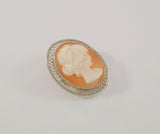 Detailed Signed Vintage Beau Filigree Framed Sterling Silver Hand Carved Shell Lady Cameo Oval Brooch or Pin