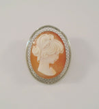 Detailed Signed Vintage Beau Filigree Framed Sterling Silver Hand Carved Shell Lady Cameo Oval Brooch or Pin