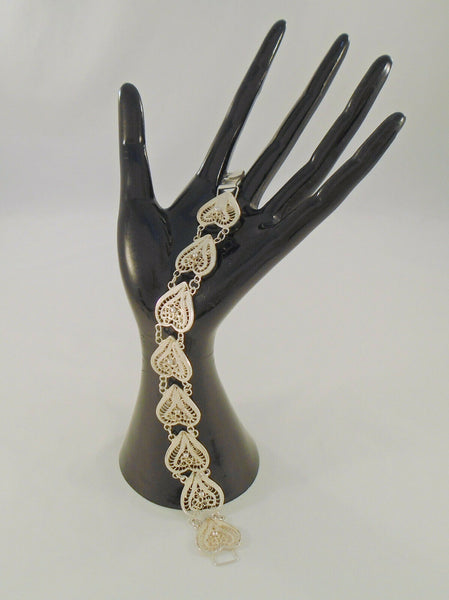 Detailed Vintage or Antique Handcrafted Mexican Sterling Silver 21mm Wide Filigree Heart & Caviar Dots Panel Bracelet 8"