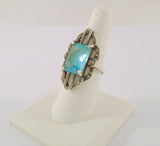 Large Vintage Sterling Silver & Emerald Cut Blue Topaz w/ Marcasites Art Deco Ring Size 8.5