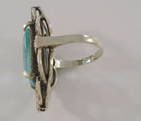 Large Vintage Sterling Silver & Emerald Cut Blue Topaz w/ Marcasites Art Deco Ring Size 8.5