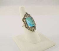 Large Vintage Sterling Silver & Emerald Cut Blue Topaz w/ Marcasites Art Deco Ring Size 8.5