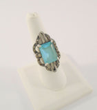 Large Vintage Sterling Silver & Emerald Cut Blue Topaz w/ Marcasites Art Deco Ring Size 8.5