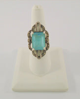 Large Vintage Sterling Silver & Emerald Cut Blue Topaz w/ Marcasites Art Deco Ring Size 8.5