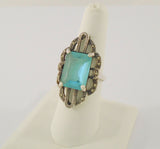 Large Vintage Sterling Silver & Emerald Cut Blue Topaz w/ Marcasites Art Deco Ring Size 8.5