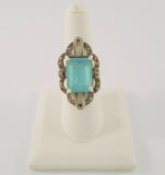 Large Vintage Sterling Silver & Emerald Cut Blue Topaz w/ Marcasites Art Deco Ring Size 8.5