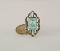 Large Vintage Sterling Silver & Emerald Cut Blue Topaz w/ Marcasites Art Deco Ring Size 8.5