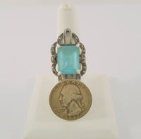 Large Vintage Sterling Silver & Emerald Cut Blue Topaz w/ Marcasites Art Deco Ring Size 8.5