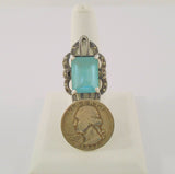 Large Vintage Sterling Silver & Emerald Cut Blue Topaz w/ Marcasites Art Deco Ring Size 8.5