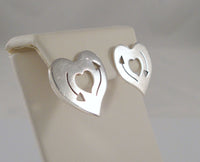 Large Vintage Modernist Handmade Mexican Sterling Silver Heart Pierced Earrings w/ Cut Out Incised Cupids Arrow Design