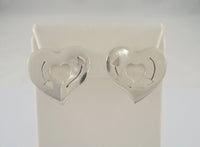 Large Vintage Modernist Handmade Mexican Sterling Silver Heart Pierced Earrings w/ Cut Out Incised Cupids Arrow Design