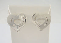 Large Vintage Modernist Handmade Mexican Sterling Silver Heart Pierced Earrings w/ Cut Out Incised Cupids Arrow Design