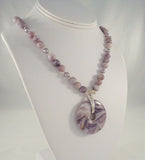 Bold Vintage Sterling Silver Beaded Amethyst and Lavender Pearl w/ Open Circular Pendant Toggle Necklace 21"