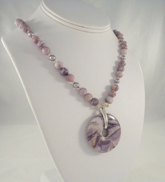 Bold Vintage Sterling Silver Beaded Amethyst and Lavender Pearl w/ Open Circular Pendant Toggle Necklace 21"