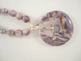 Bold Vintage Sterling Silver Beaded Amethyst and Lavender Pearl w/ Open Circular Pendant Toggle Necklace 21"