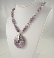 Bold Vintage Sterling Silver Beaded Amethyst and Lavender Pearl w/ Open Circular Pendant Toggle Necklace 21"