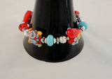 Fun Funky Chunky Vintage Sterling Silver Red & Turquoise Blue Heart Themed Fused Glass Fancy 7.5"