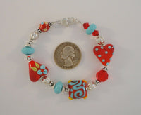 Fun Funky Chunky Vintage Sterling Silver Red & Turquoise Blue Heart Themed Fused Glass Fancy 7.5"