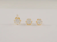 Sparkly Signed Vintage 14K Solid Yellow Gold & 1.2 Clear Round Cubic Zirconia Pendant w/ Stud Pierced Earrings 3 Piece Set Curvy Flower Petal Settings