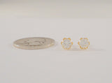 Sparkly Signed Vintage 14K Solid Yellow Gold & 1.2 Clear Round Cubic Zirconia Pendant w/ Stud Pierced Earrings 3 Piece Set Curvy Flower Petal Settings