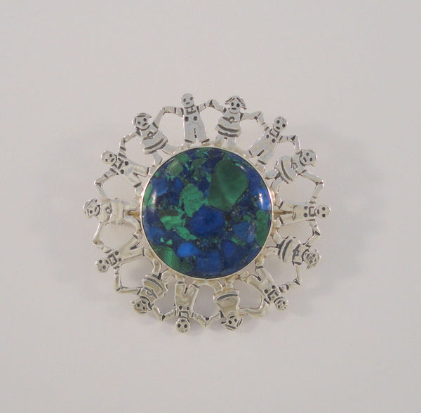 Large Detailed Vintage Sterling Silver & Azurite Malachite Kids Children holding hands around Planet Earth Pin Brooch