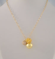 Signed Vintage TZEN Gold Vermeil on Sterling Silver & Pink Gemstone Spheres Pendant Necklace by Julie Liu w/ Pink Pearl Accent Ball 20"