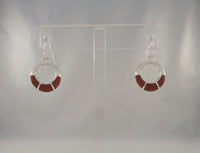 Richly Colored Signed Vintage Sterling Silver w/ Red Jasper Inlay Open Circle Hook Long Dangle Earrings