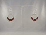 Richly Colored Signed Vintage Sterling Silver w/ Red Jasper Inlay Open Circle Hook Long Dangle Earrings