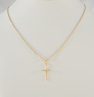 Signed Vintage Solid 14K Yellow Gold w/ Diamond Accent Modern Openwork Christian Cross Pendant Necklace Quality 20" Chain