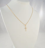 Signed Vintage Solid 14K Yellow Gold w/ Diamond Accent Modern Openwork Christian Cross Pendant Necklace Quality 20" Chain