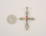 Large Sparkly Vintage Sterling Silver Marcasite Green Purple Red & Yellow Marquis Amethyst & Garnet Cross Pendant