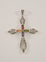 Large Sparkly Vintage Sterling Silver Marcasite Green Purple Red & Yellow Marquis Amethyst & Garnet Cross Pendant