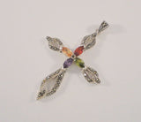 Large Sparkly Vintage Sterling Silver Marcasite Green Purple Red & Yellow Marquis Amethyst & Garnet Cross Pendant