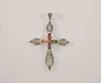 Large Sparkly Vintage Sterling Silver Marcasite Green Purple Red & Yellow Marquis Amethyst & Garnet Cross Pendant