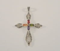 Large Sparkly Vintage Sterling Silver Marcasite Green Purple Red & Yellow Marquis Amethyst & Garnet Cross Pendant