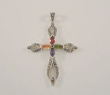 Large Sparkly Vintage Sterling Silver Marcasite Green Purple Red & Yellow Marquis Amethyst & Garnet Cross Pendant