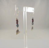 Long Striking Vintage Sterling Silver Amethyst, and Peacock Freshwater Pearl Dangle Hook Earrings w/ Abstract Modernist Hearts & Dot Detail Accent Beads