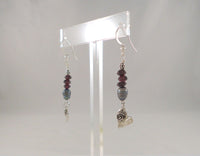 Long Striking Vintage Sterling Silver Amethyst, and Peacock Freshwater Pearl Dangle Hook Earrings w/ Abstract Modernist Hearts & Dot Detail Accent Beads