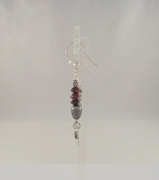 Long Striking Vintage Sterling Silver Amethyst, and Peacock Freshwater Pearl Dangle Hook Earrings w/ Abstract Modernist Hearts & Dot Detail Accent Beads