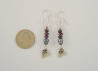 Long Striking Vintage Sterling Silver Amethyst, and Peacock Freshwater Pearl Dangle Hook Earrings w/ Abstract Modernist Hearts & Dot Detail Accent Beads