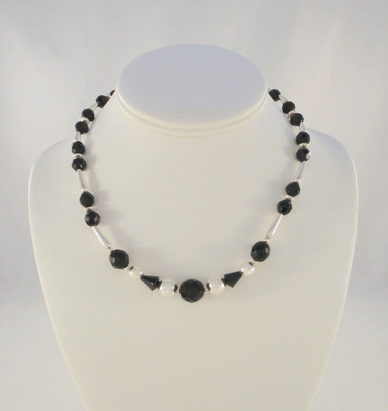 Vintage Southwest Design Sterling Silver and Faceted 12mm Black Bead Necklace 17"