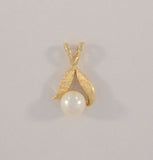 Dainty Detailed Classy Vintage 14K Solid Yellow Gold & 6.35mm Creamy White Pearl Fine Crosshatch Milled Finish Leafy Pendant