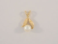 Dainty Detailed Classy Vintage 14K Solid Yellow Gold & 6.35mm Creamy White Pearl Fine Crosshatch Milled Finish Leafy Pendant