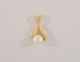 Dainty Detailed Classy Vintage 14K Solid Yellow Gold & 6.35mm Creamy White Pearl Fine Crosshatch Milled Finish Leafy Pendant