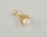 Dainty Detailed Classy Vintage 14K Solid Yellow Gold & 6.35mm Creamy White Pearl Fine Crosshatch Milled Finish Leafy Pendant