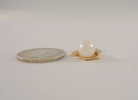 Dainty Detailed Classy Vintage 14K Solid Yellow Gold & 6.35mm Creamy White Pearl Fine Crosshatch Milled Finish Leafy Pendant
