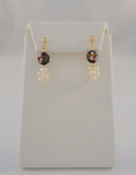 Vintage 14K Solid Yellow Gold w/ Purple Pink & White Floral Enamel Cloisonne Ball & Pearl Cluster Drop Dangle Pierced Earrings