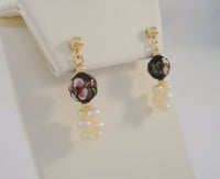 Vintage 14K Solid Yellow Gold w/ Purple Pink & White Floral Enamel Cloisonne Ball & Pearl Cluster Drop Dangle Pierced Earrings