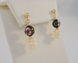 Vintage 14K Solid Yellow Gold w/ Purple Pink & White Floral Enamel Cloisonne Ball & Pearl Cluster Drop Dangle Pierced Earrings